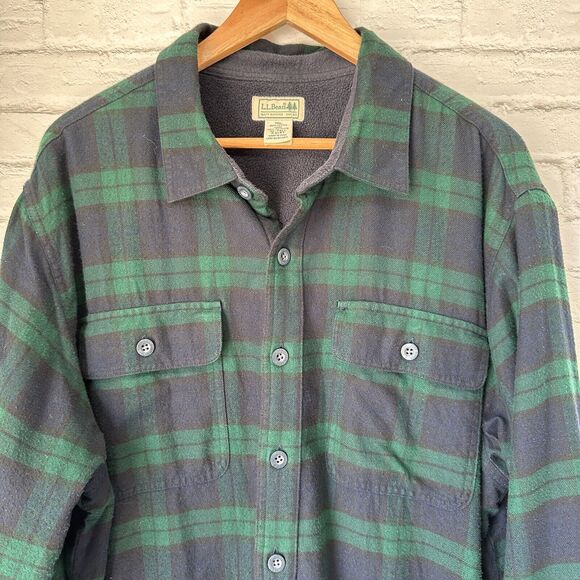 LL Bean Flannel Fleece Lined XL Tall Button Up Long Sleeve Blue Green Plaid - Picture 2 of 11